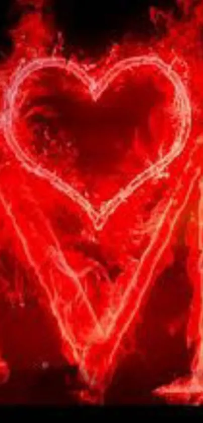 Glowing fiery red heart on a dark background.