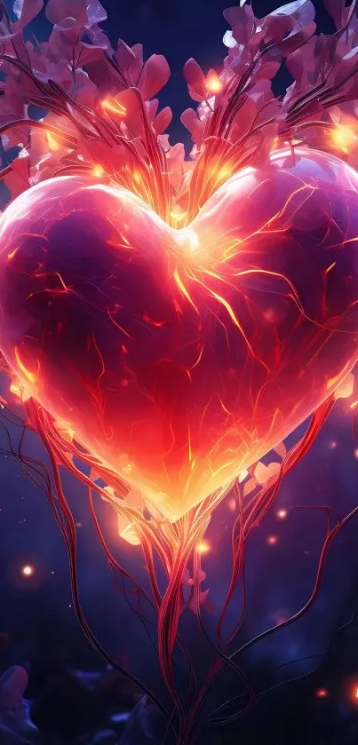 Fiery heart with glowing tendrils on a dark background for mobile wallpaper.