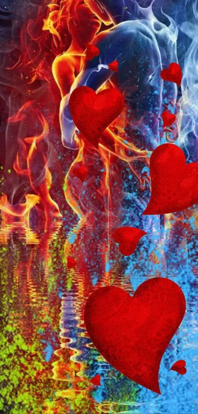 Fiery fantasy wallpaper with red hearts on a vibrant colored background.