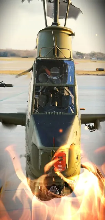 Helicopter on runway with fiery effects and flames.