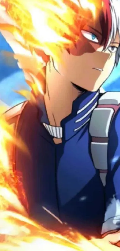 Anime hero with fiery powers in vibrant blue scene.