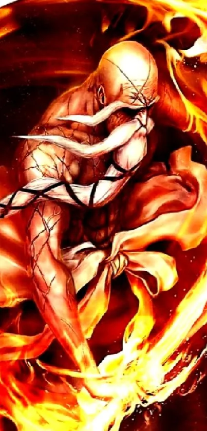 Fiery hero in action with vibrant flames on mobile wallpaper.