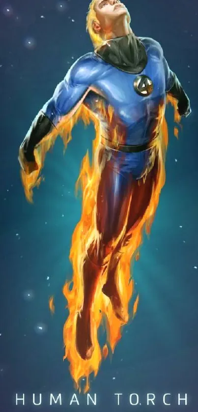 A fiery superhero rises, engulfed in flames, set against a dark blue background.