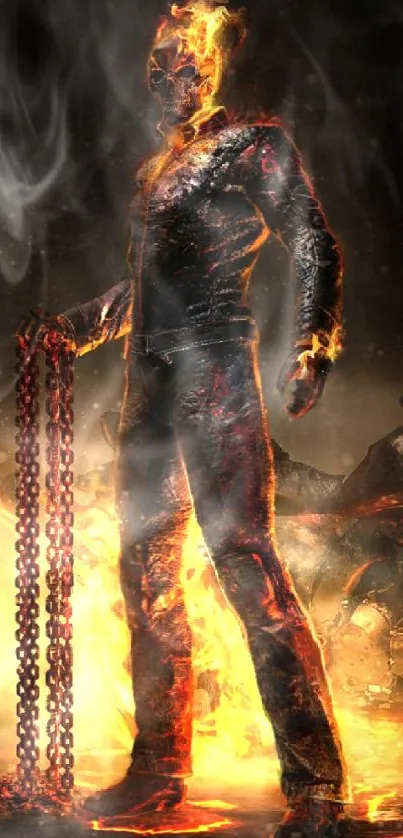 Fiery hero with chains and motorcycle in flames wallpaper.