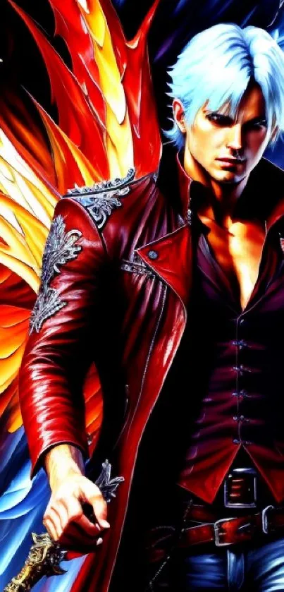 Fiery hero character with red jacket and vibrant background