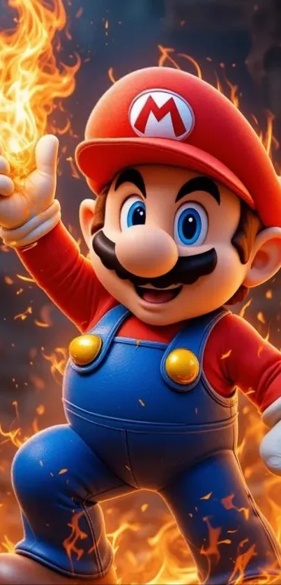 Animated character surrounded by fiery effects in a heroic pose.