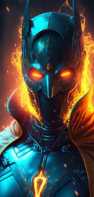 Fiery masked character with orange flames in HD wallpaper.