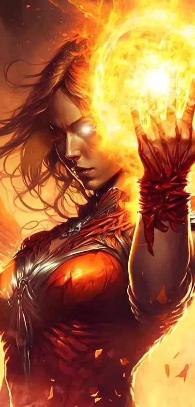 Dynamic fiery heroine with energy burst in vibrant colors as mobile wallpaper.