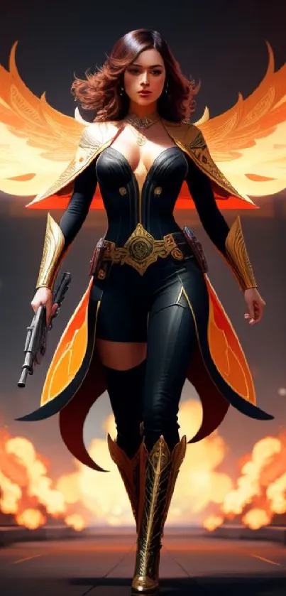 Digital art of a warrior woman with golden wings and fiery background.