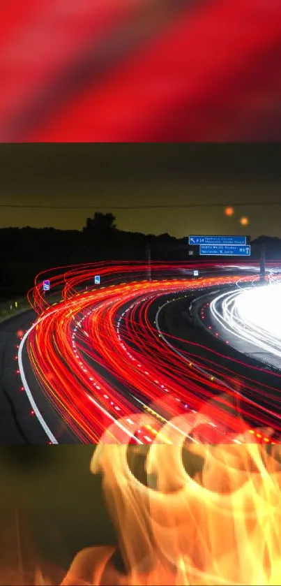 Vibrant red light trails on a highway with fiery graphics.