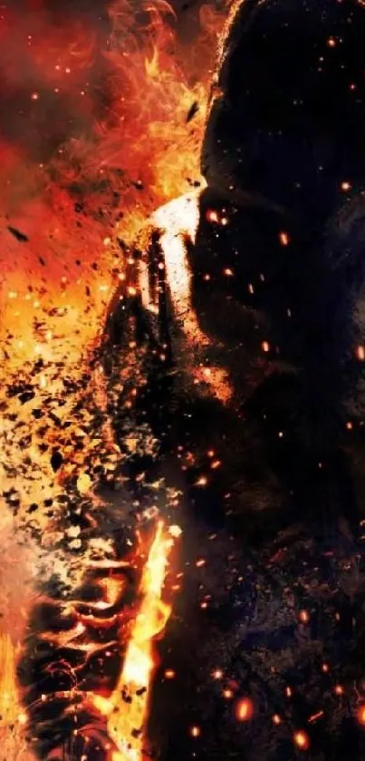 A hooded figure engulfed in flames, showcasing a dynamic and intense visual for mobile.