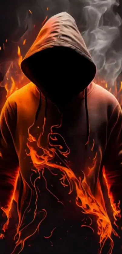 Fiery hooded figure with flames and smoke on a dark background.