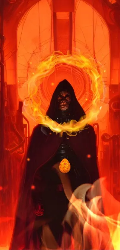 Hooded figure with fiery aura and intense flame background.