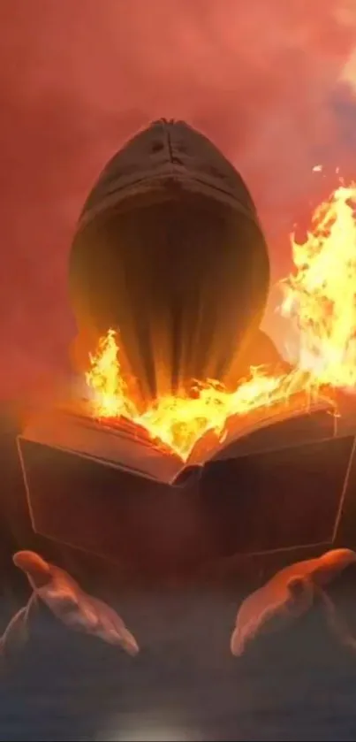 Hooded figure holding a fiery book with intense flames.