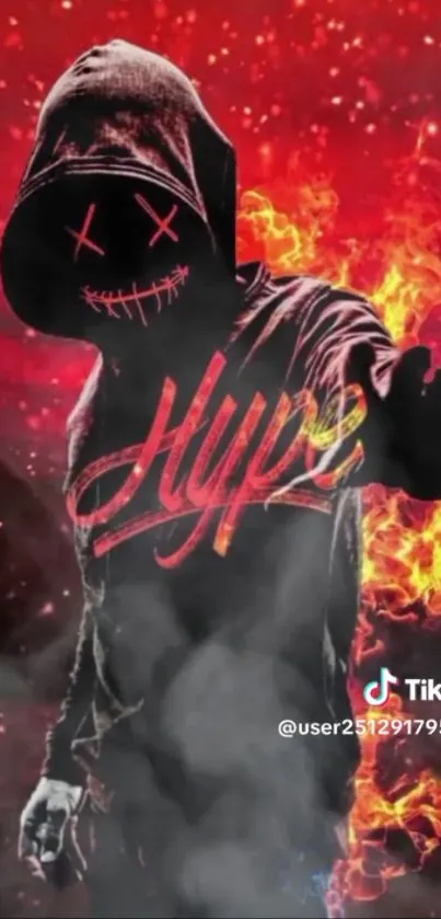 Hooded figure amidst fiery flames, with 'Hype' text, perfect for a dynamic phone wallpaper.