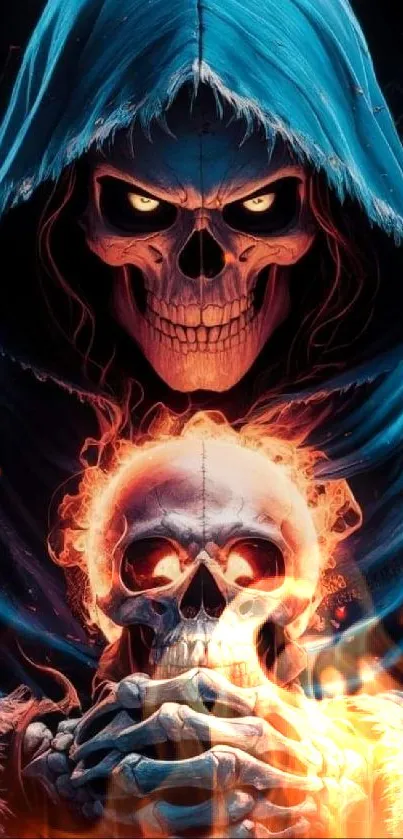 Fiery skull with a hood in blue and flames.