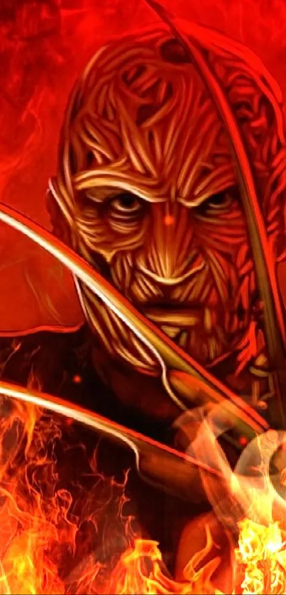 Menacing masked figure surrounded by blazing flames in fiery red tones.