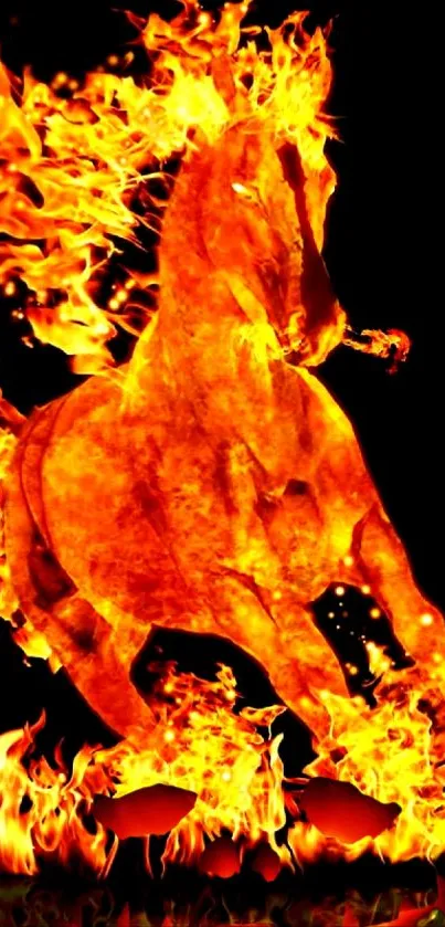 Abstract fiery horse design with intense orange flames on black background.