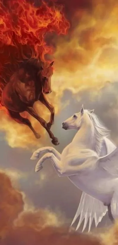 Fiery horse and Pegasus clash in the sky against a vibrant backdrop.