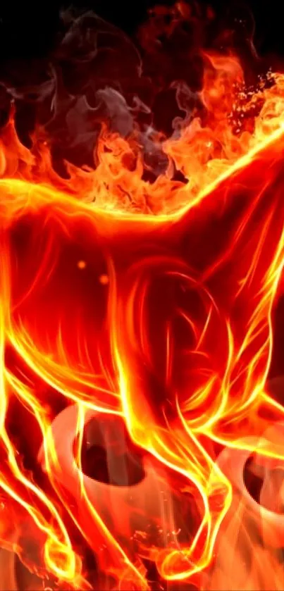 Dynamic fiery horse wallpaper with vibrant orange flames and artistic design.