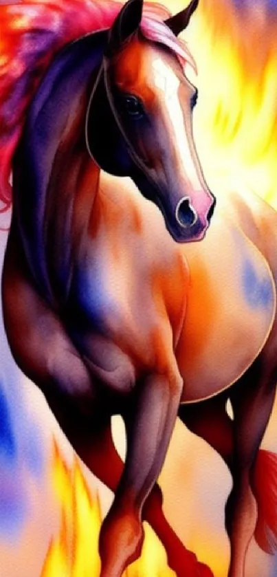 Dynamic fiery horse art wallpaper with vivid colors.