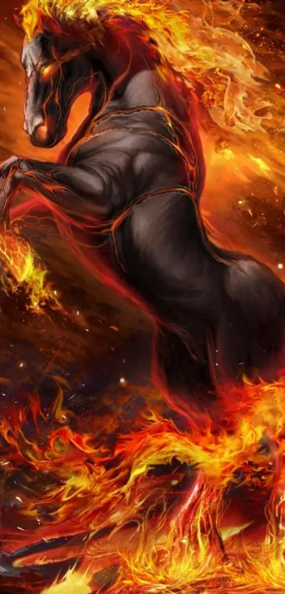 Majestic black horse surrounded by fiery flames in vibrant wallpaper.