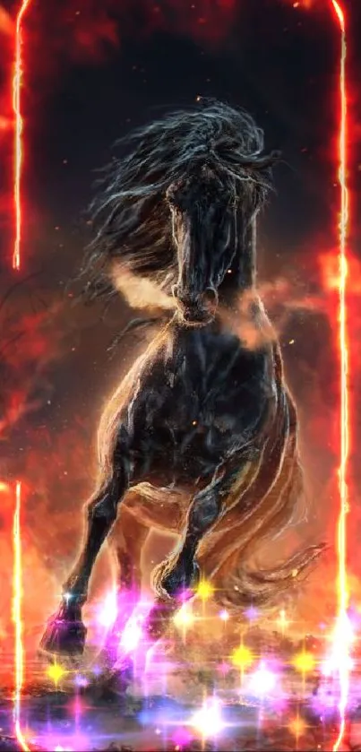 Powerful horse galloping through fiery inferno in dynamic mobile wallpaper.