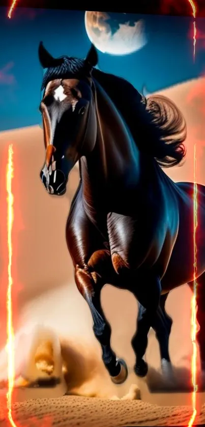 A black horse gallops through a fiery desert under a moonlit sky.