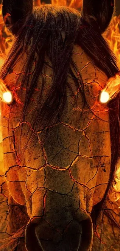 Mobile wallpaper of a fiery horse with glowing eyes surrounded by flames.