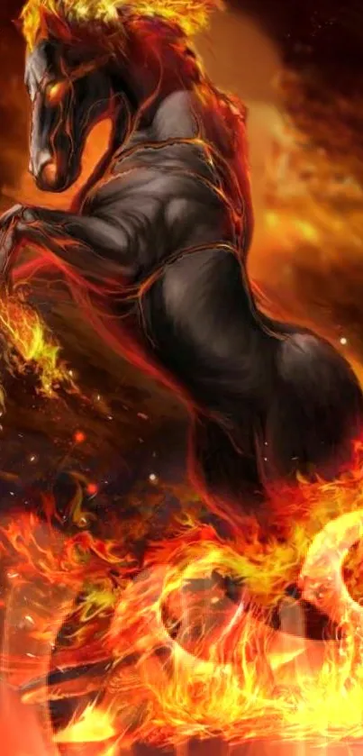 Fiery black horse engulfed in flames in a fantasy-themed mobile wallpaper.