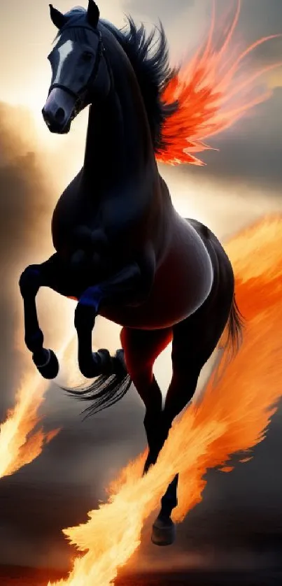 Majestic black horse with fiery flames on a dramatic background.