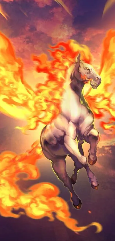 Majestic horse with fiery wings against a mystical sky background.