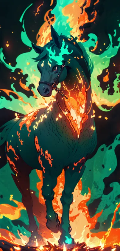 Mystical horse engulfed in vibrant flames.