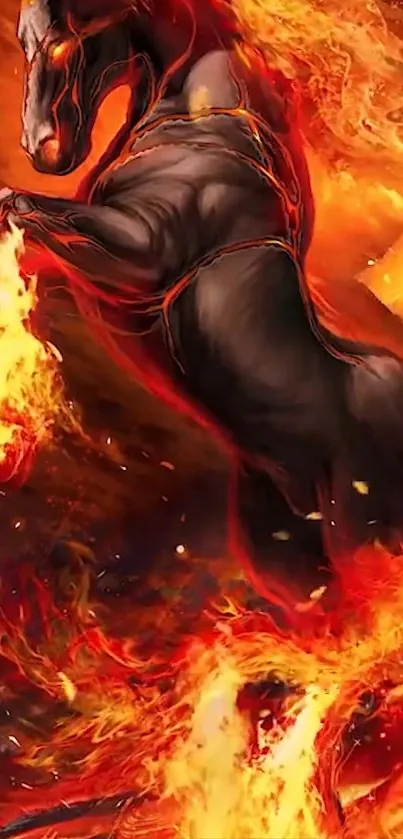 Fiery horse surrounded by dynamic flames on a vibrant background.