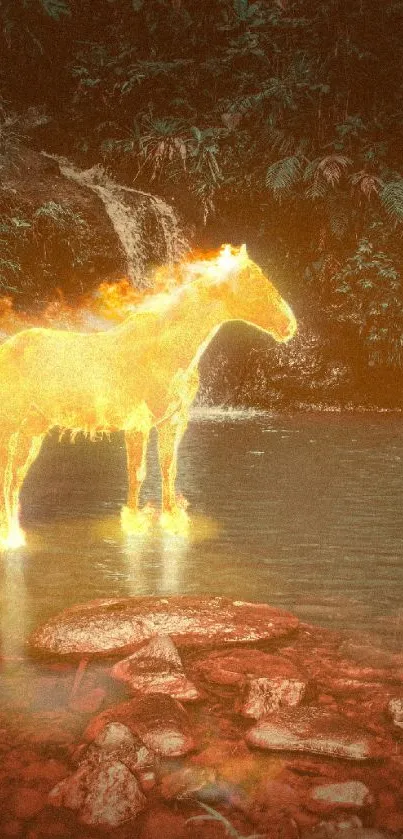 Fiery horse glowing in a mystical jungle with waterfall backdrop.