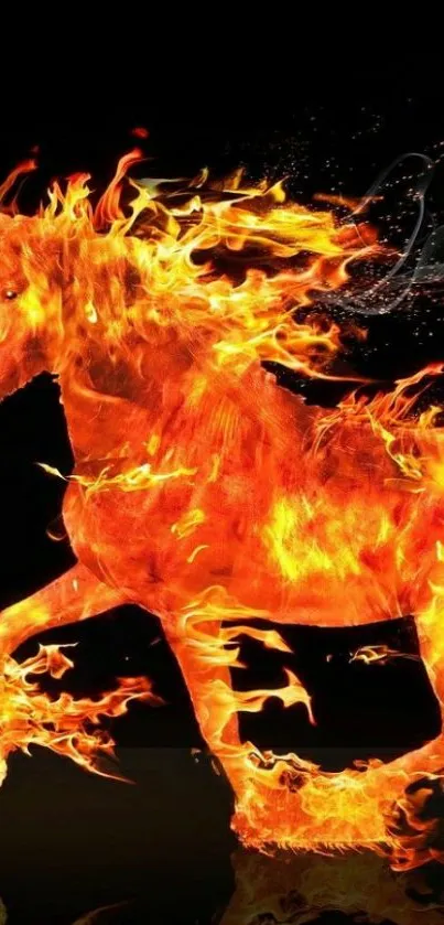 Fiery horse with flames on a dark background.