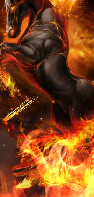 Black horse engulfed in fiery flames on a mobile wallpaper.