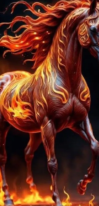 Majestic horse engulfed in vibrant flames in a stunning mobile wallpaper.