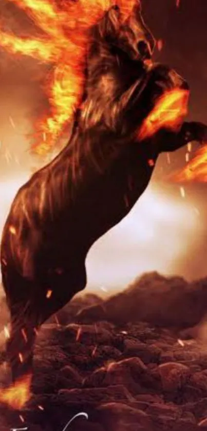 Fiery horse leaping in dynamic flames.