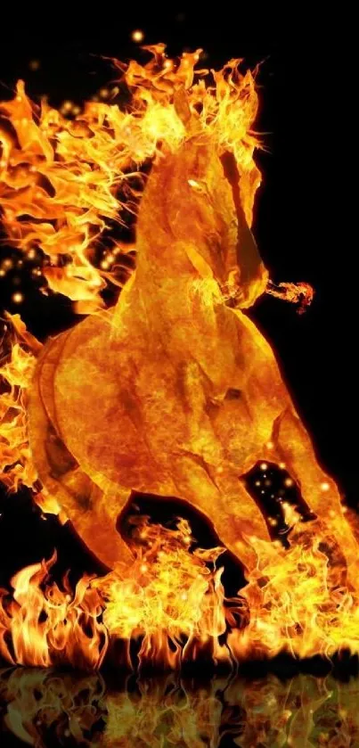 Fiery horse graphic with bright orange flames on a black background.