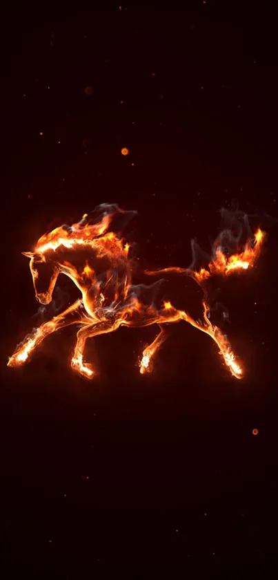 Fiery horse in flames on a dark background.