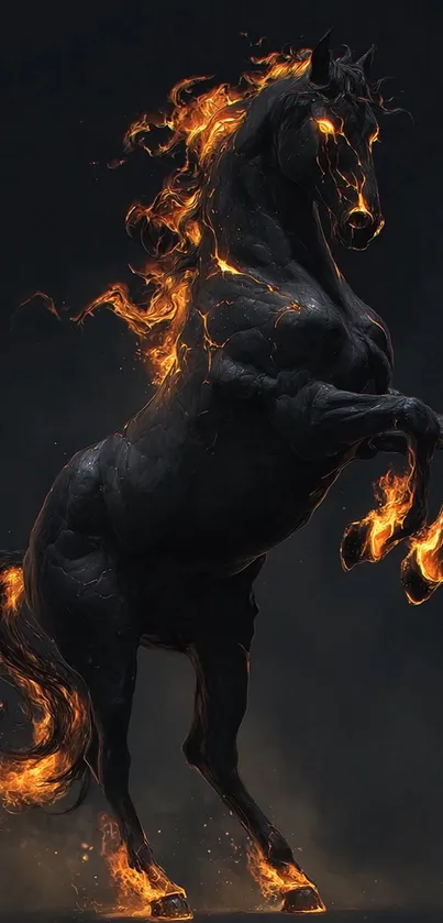 Majestic black horse with fiery mane.