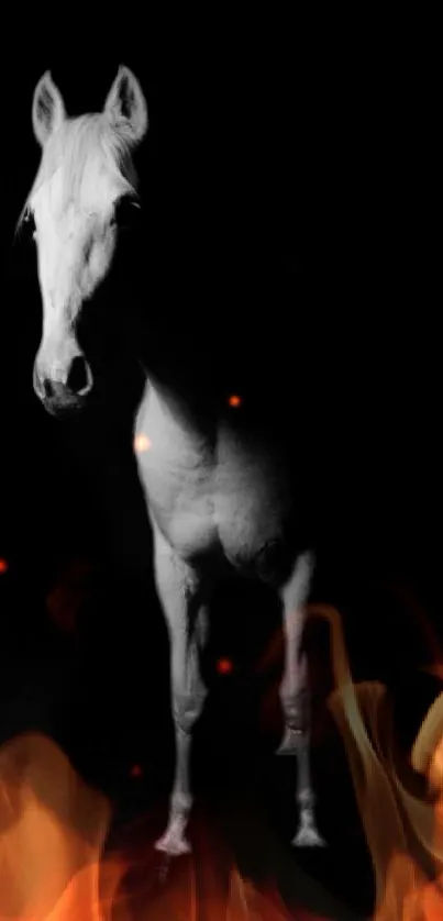 Majestic white horse with flames on black background wallpaper.