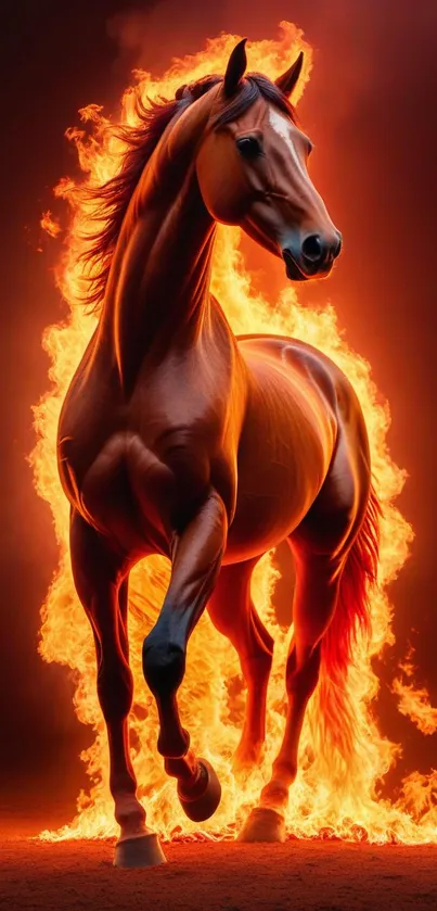 Majestic horse engulfed in fiery flames on mobile wallpaper.