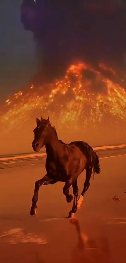 Horse runs on fiery lava beach under volcano eruption.