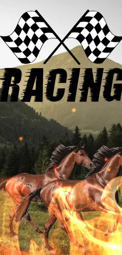 Fiery horse racing scene with mountains and checkered flags.