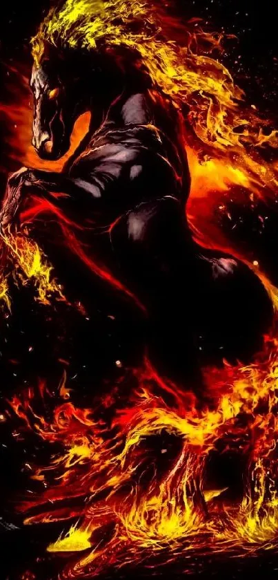 Majestic black horse surrounded by vibrant flames wallpaper.