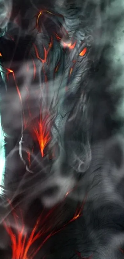 Dark fiery horse with glowing red accents on a mobile wallpaper.