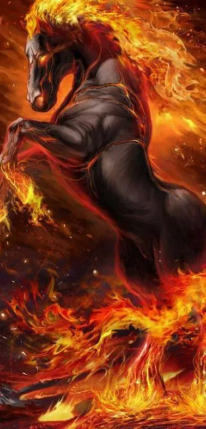 Majestic black horse with fiery mane on mobile wallpaper.