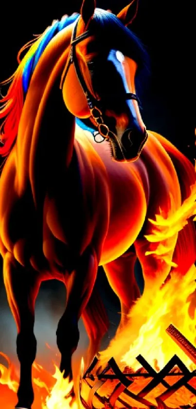 Majestic horse with colorful mane amidst fiery flames.